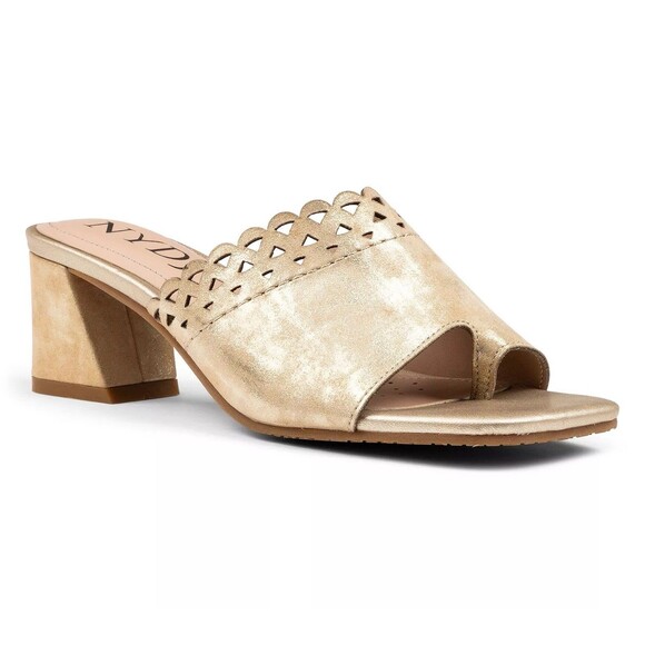 NYDJ Gold Mules Alanah Block Heel Leather Sandals Slip On Sz 9.5 *See Desc* - Picture 1 of 11